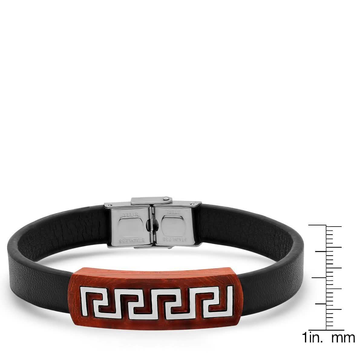 Men's Brown Leather Wood and Stainless Steel Greek Key Accents ID Bracelet DailySale