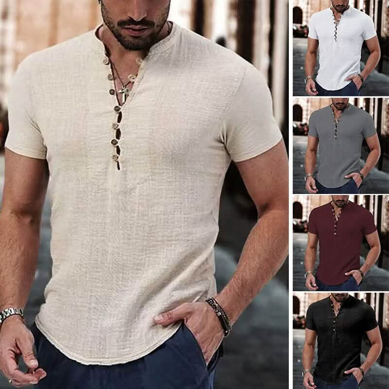Men's Popover Shirt Short Sleeve Plain V Neck DailySale