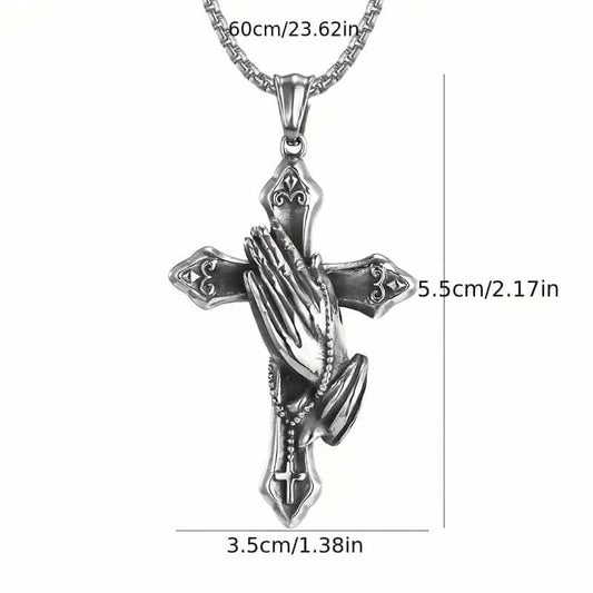 Men's Stainless Steel Prayer Hand and Cross Pendant Necklace DailySale