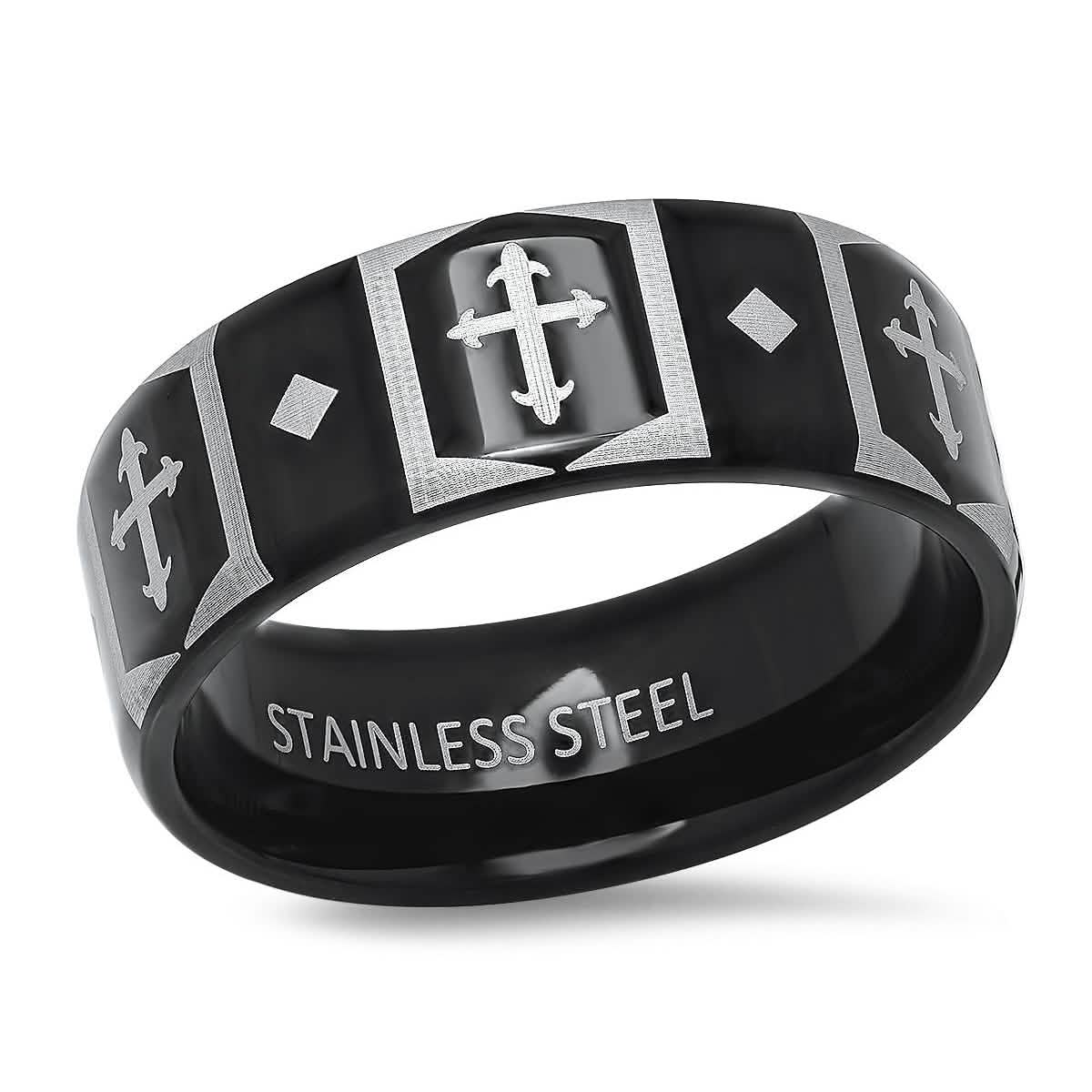 Men's Two Tone Black IP and Stainless Steel Band Ring with Cross Accents DailySale