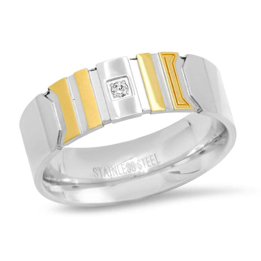 Men's Two-Tone Stainless Steel and 18K Gold Plated Ring with Simulated Center Diamond DailySale