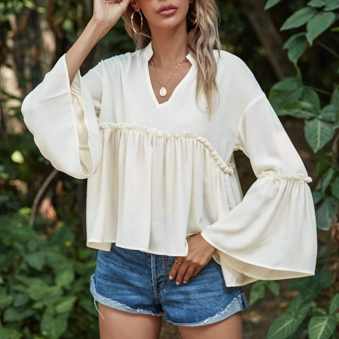 Notch Neck Frill Trim Flounce Sleeve Babydoll Blouse DailySale