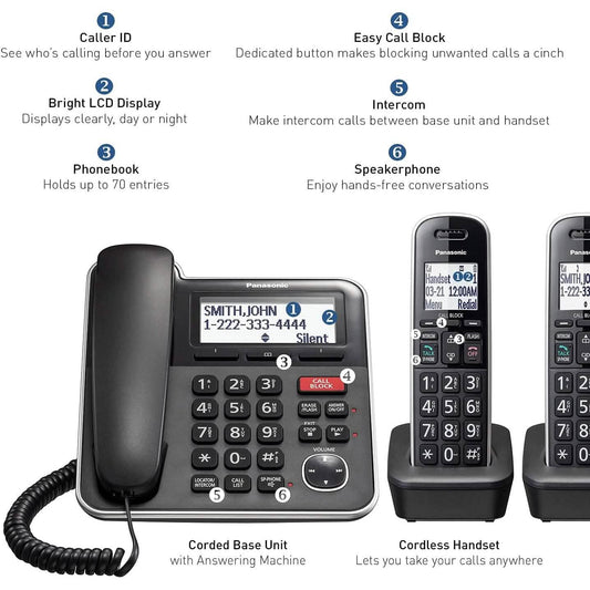 Panasonic Expandable Corded/Cordless Phone System with Answering Machine and One Touch Call Blocking – 2 Handsets (Refurbished) DailySale