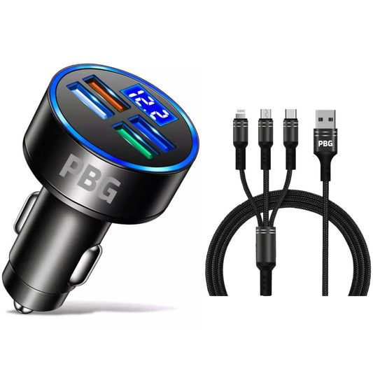 PBG LED 4 Port Car Charger Voltage Display and 3-in-1 Cable Bundle DailySale