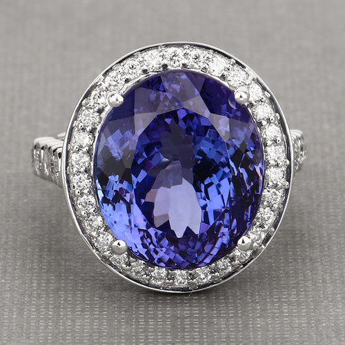 18.50 Carat Genuine Tanzanite and White Diamond 18K White Gold Ring Bids.com