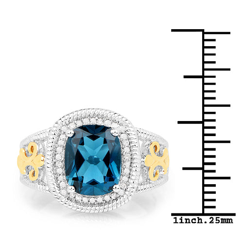 3.59 Carat Genuine London Blue Topaz and White Diamond 14K Yellow Gold with .925 Sterling Silver Ring Bids.com