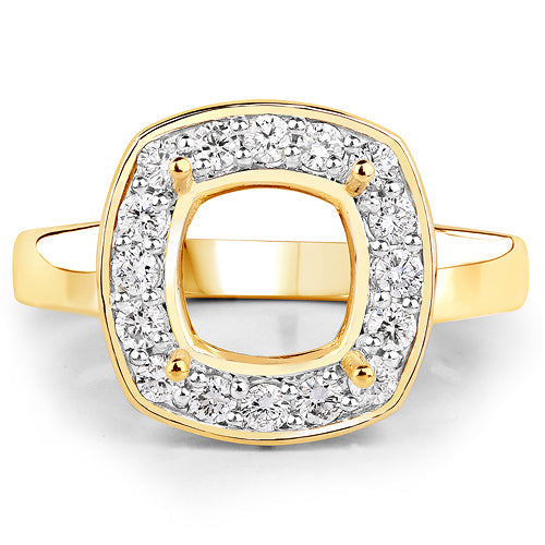 0.48 Carat Genuine White Diamond 14K Yellow Gold Semi Mount Ring - holds 8x8mm Cushion Gemstone Bids.com