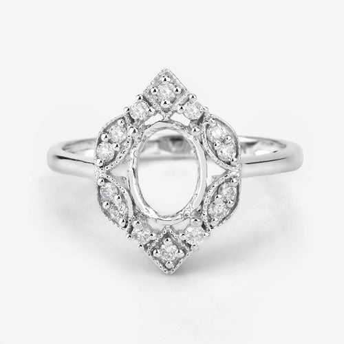 0.20 Carat Genuine White Diamond 14K White Gold Semi Mount Ring - holds 8x6mm Oval Gemstone Bids.com