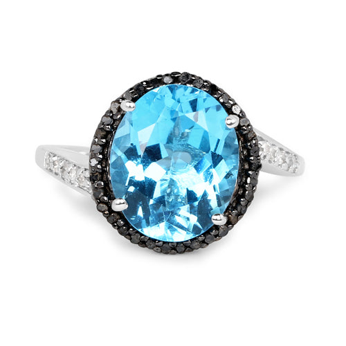 5.48 Carat Genuine Swiss Blue Topaz, Black Diamond and White Diamond .925 Sterling Silver Ring Bids.com