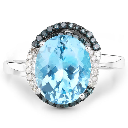 5.27 Carat Genuine Swiss Blue Topaz, Blue Diamond and White Diamond .925 Sterling Silver Ring Bids.com