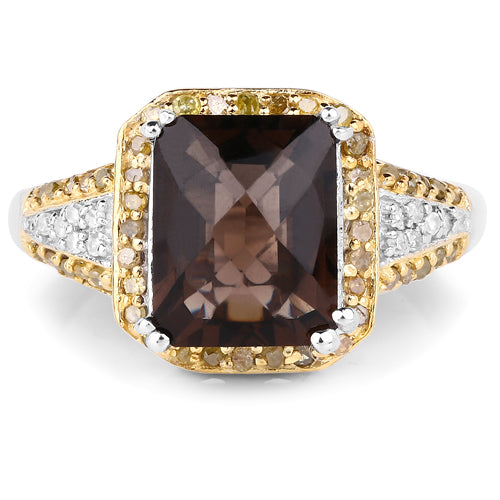 3.48 Carat Genuine Smoky Quartz, Yellow Diamond and White Diamond .925 Sterling Silver Ring Bids.com