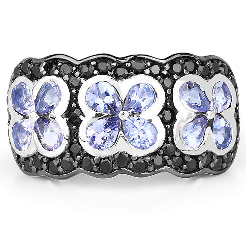14K Yellow Gold Plated 2.60 Carat Genuine Tanzanite and Black Spinel .925 Sterling Silver Ring Bids.com