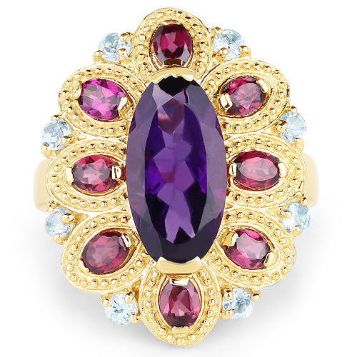 14K Yellow Gold Plated 6.80 Carat Genuine Amethyst, Rhodolite & Blue Topaz .925 Sterling Silver Ring Bids.com