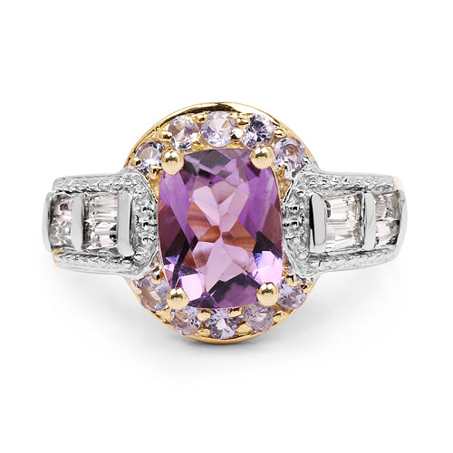 14K Yellow Gold Plated 2.28 Carat Genuine Amethyst, Tanzanite And White Topaz .925 Sterling Silver Ring Bids.com