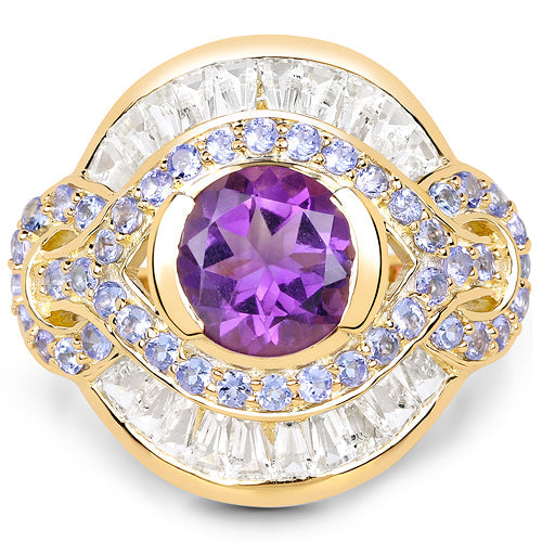 14K Yellow Gold Plated 3.93 Carat Genuine Amethyst, Tanzanite and White Topaz .925 Sterling Silver Ring Bids.com