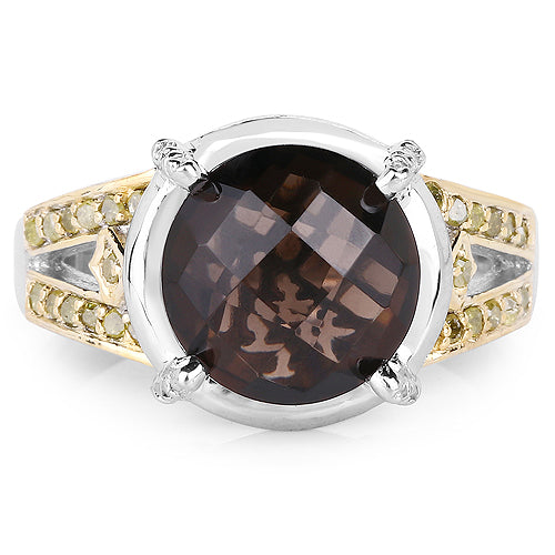 3.28 Carat Genuine Smoky Quartz, Yellow Diamond & White Diamond .925 Sterling Silver Ring Bids.com