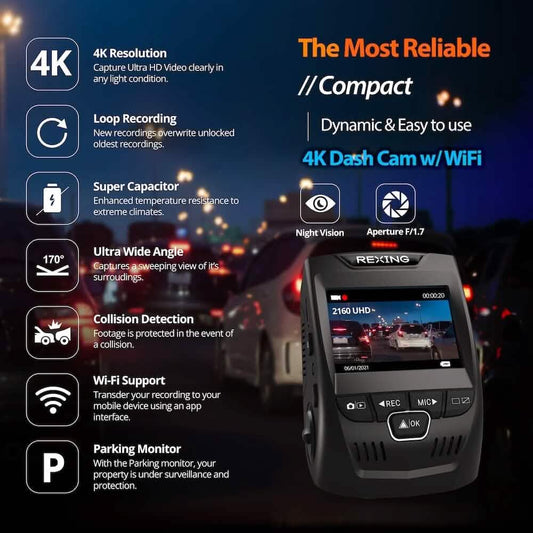 REXING V1 - 4K Ultra HD Car Dash Cam 2.4" LCD Screen (Refurbished) DailySale