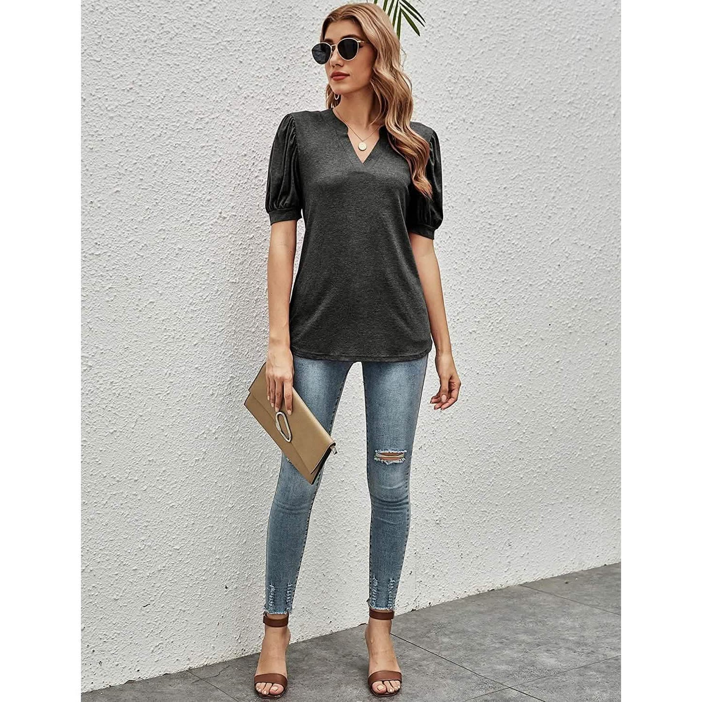 Romanstii Women Casual V-neck T-Shirts Loose Puff Short DailySale