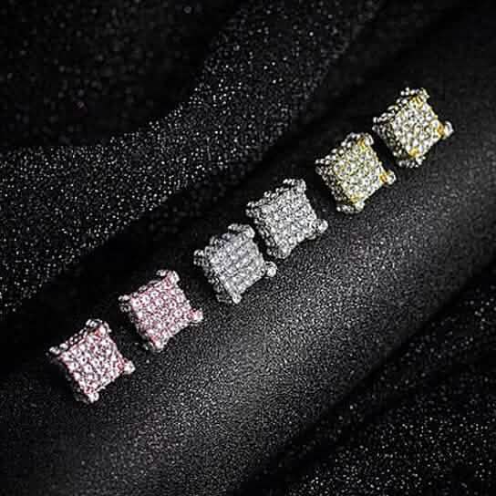 Silver Micro Pave Stud Earrings Clear Square 3D Sidestones DailySale