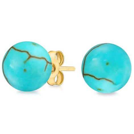 Solid 14K Gold Genuine Turquoise Ball Studs Earrings DailySale