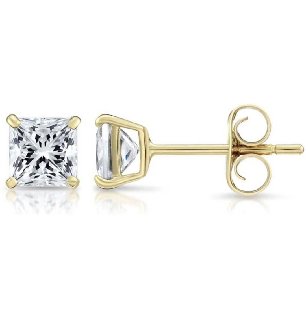 Solid 14K Yellow Gold Large 8mm Square Cut Crystal Studs DailySale