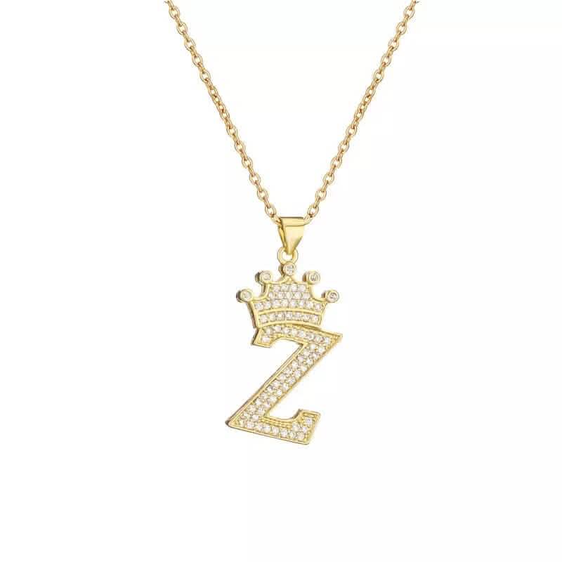 Stainless Steel Gold Overlay Hip Hop Crown A-Z Letters Necklace for Men and Women DailySale