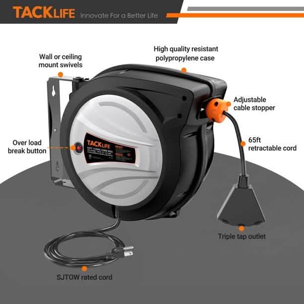 Tacklife Retractable Extension Cord, 65FT+4.5 Extension Cord Reel DailySale