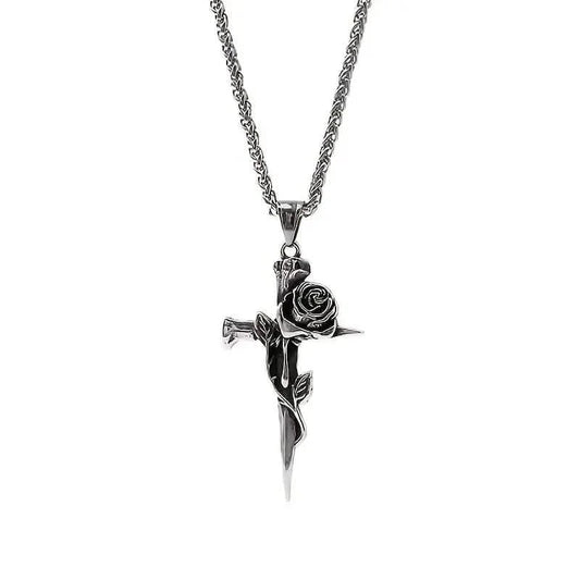 Vintage-Inspired Men's Titanium Steel Pendant Necklace - Unique Keel Chain Design with Cross and Rose Accents DailySale
