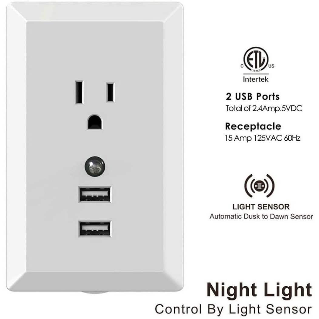 White Light Sensor Dual USB Wall Outlet DailySale