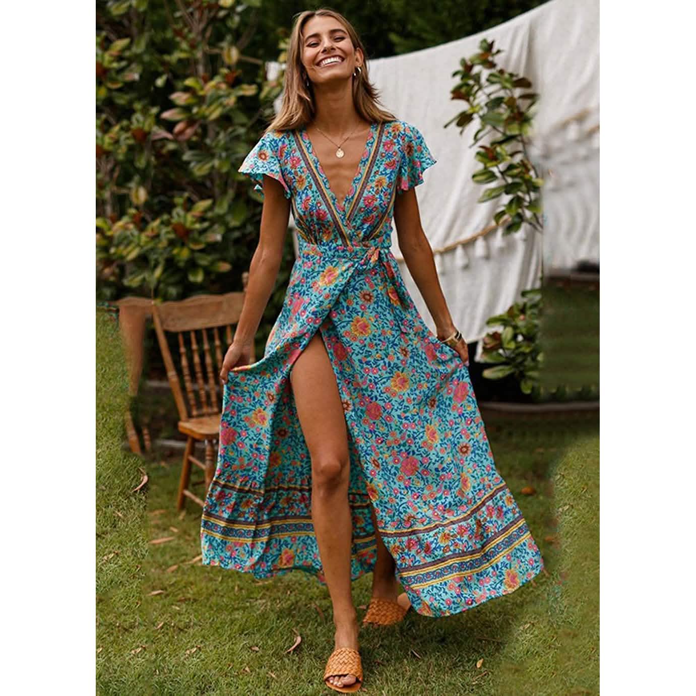 Women Boho Summer Side Split Deep V Neck Short Sleeves Maxi Dress with Belt DailySale