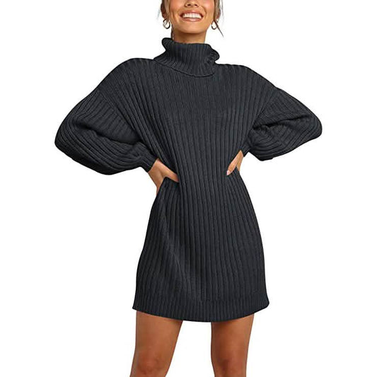 Women Turtleneck Long Lantern Sleeve Casual Loose Oversized Sweater Dress DailySale