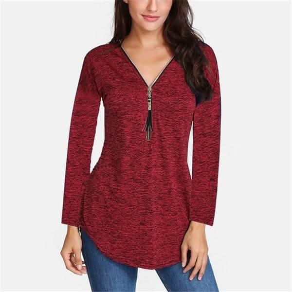 Women V-neck Zipper Long Sleeve Solid Color Top Plus Size Blouse Top DailySale