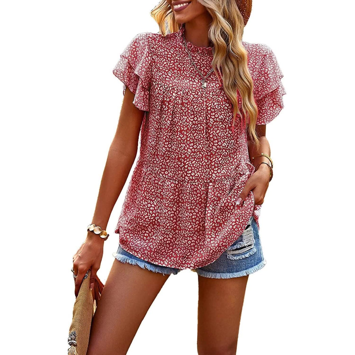 Women's Casual Summer Tops Ruffle Short Sleeve Mock Neck Fashion Floral Chiffon Blouse Shirts DailySale