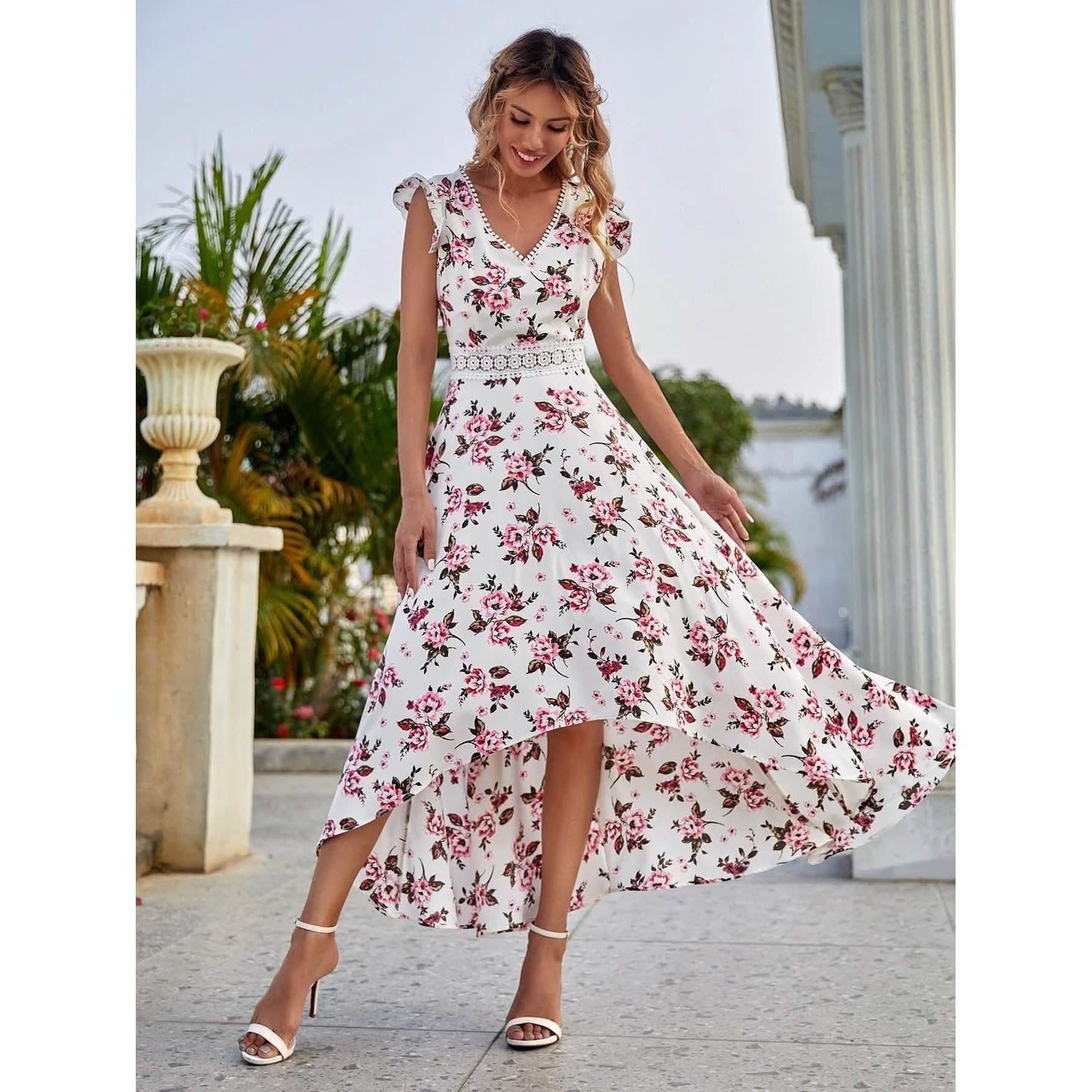 Women's Full Body Floral Print High Low Hem A-Line Dress DailySale