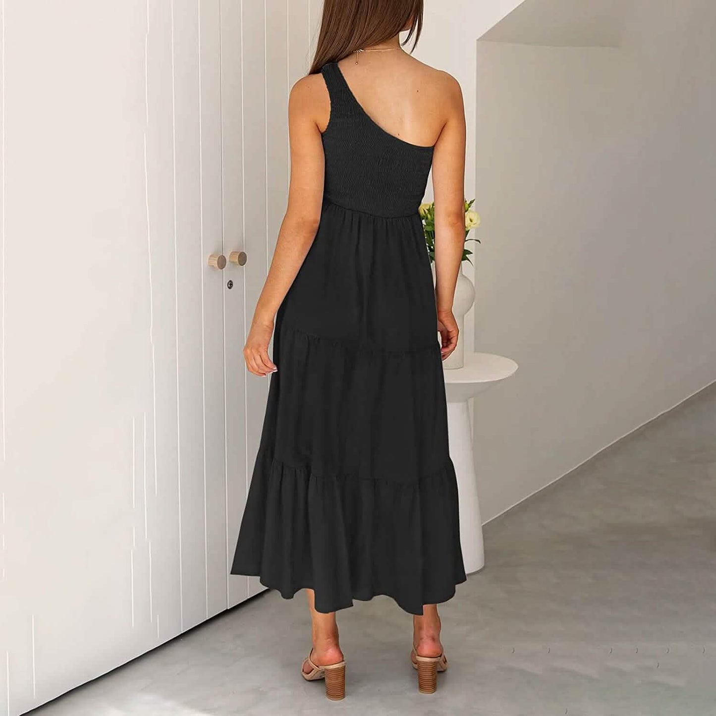 Womens One Shoulder Sleeveless Smocked Ruffle Tiered Beach Long Midi Dress DailySale