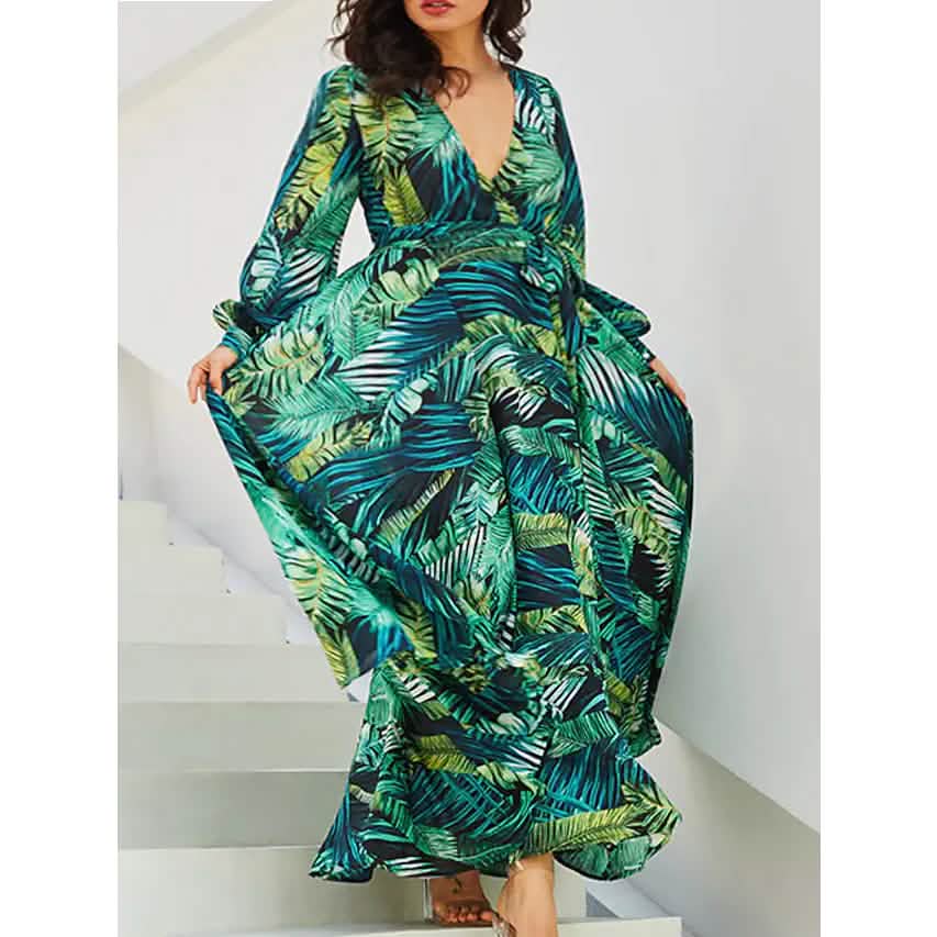 Women's Plus Size A Line Dress Floral V Neck Print Lantern Sleeve DailySale