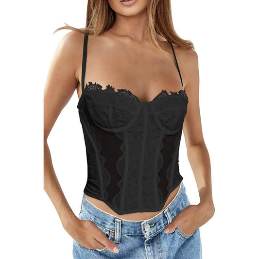 Womens Summer Lace Bustier Mesh Vintage Spaghetti Strap Open Back Boned Corset DailySale
