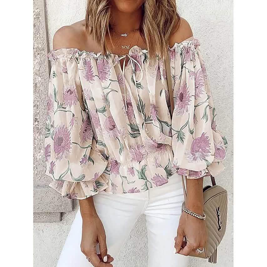 Women's T-Shirt Floral Print Off Shoulder Top Puff Sleeves DailySale