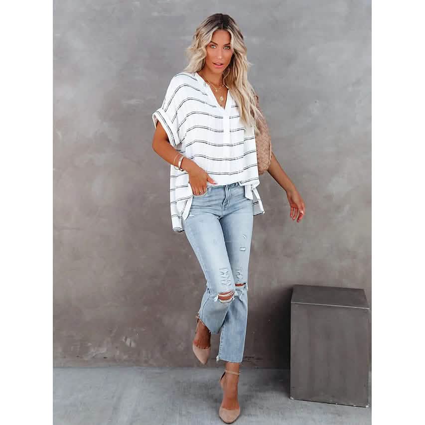 Women's V-Neck Loose Shirt Short Sleeve Top DailySale