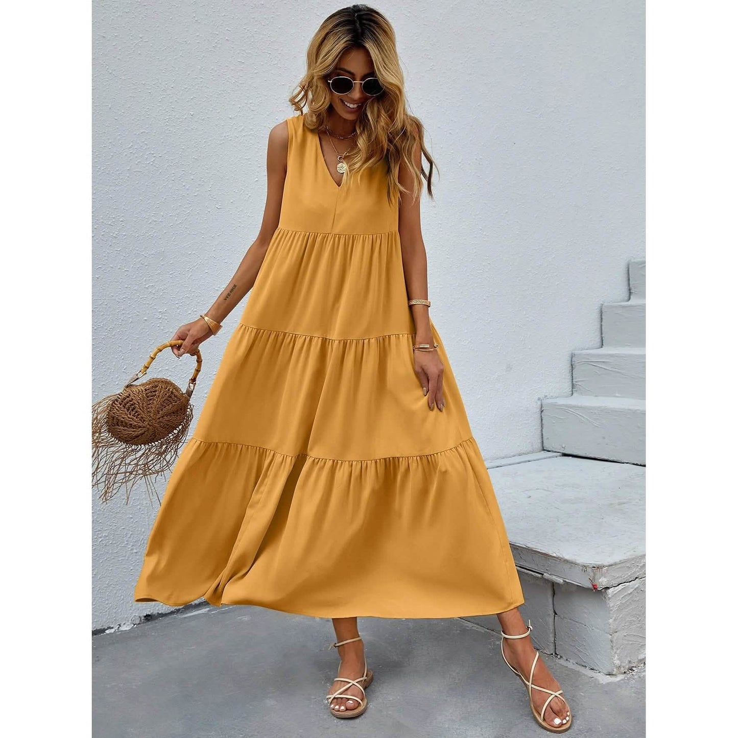Women's V-neck Ruffle Hem Solid Dress DailySale