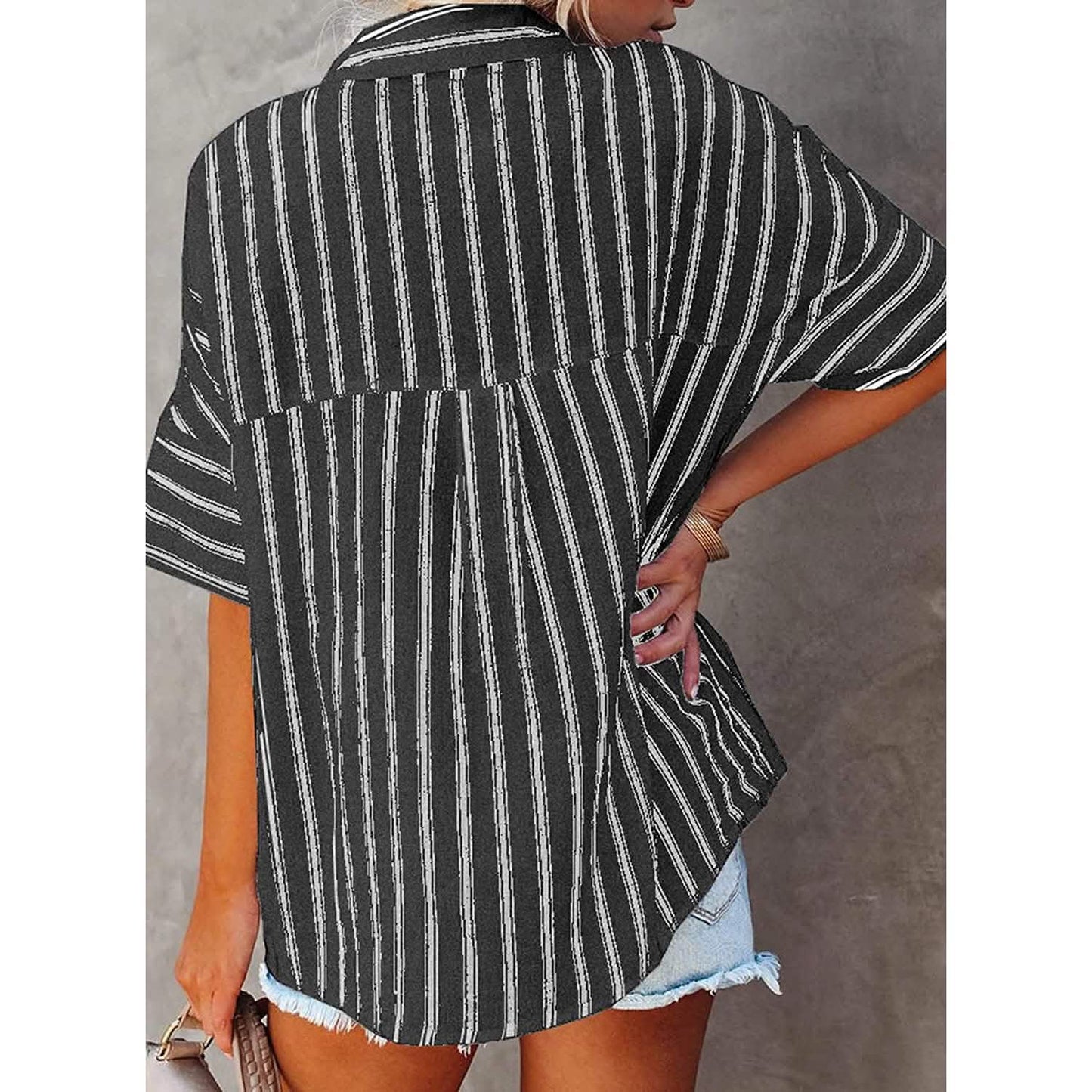 Women's V Neck Striped Roll Up Cuff Button Shirt Top DailySale