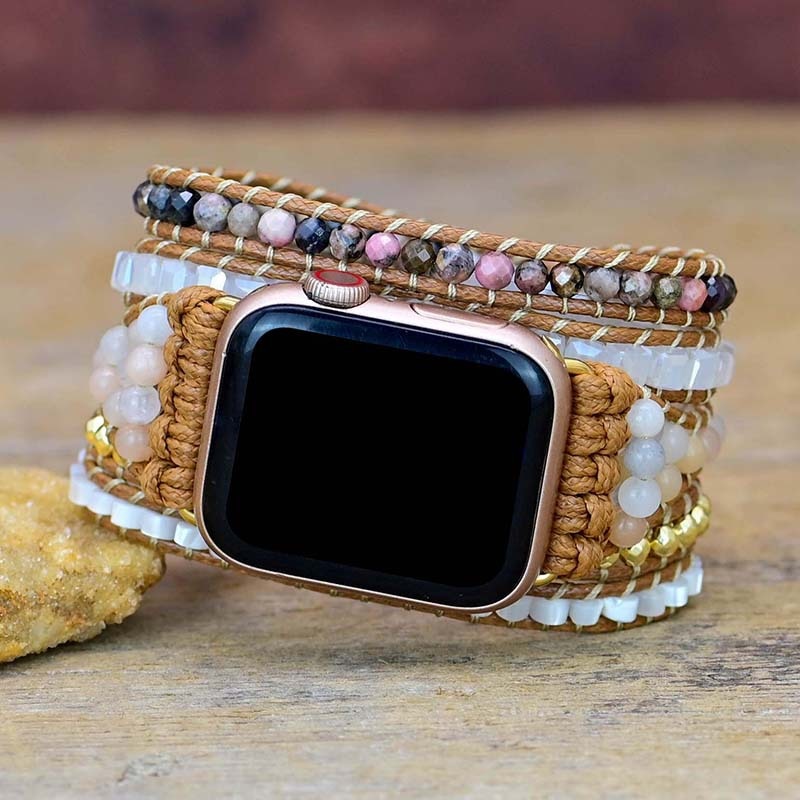 Women Elegance Pearl Gemstones Leather Strap For Apple Watch 41mm