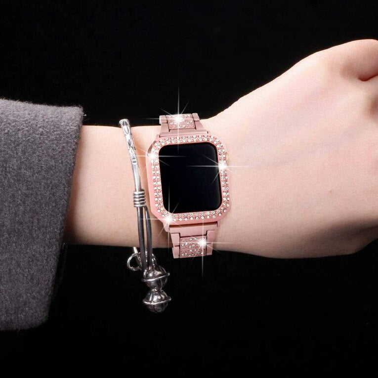 Luxury Lab created Diamond Steel Strap and Bling Protective Case for Apple Watch