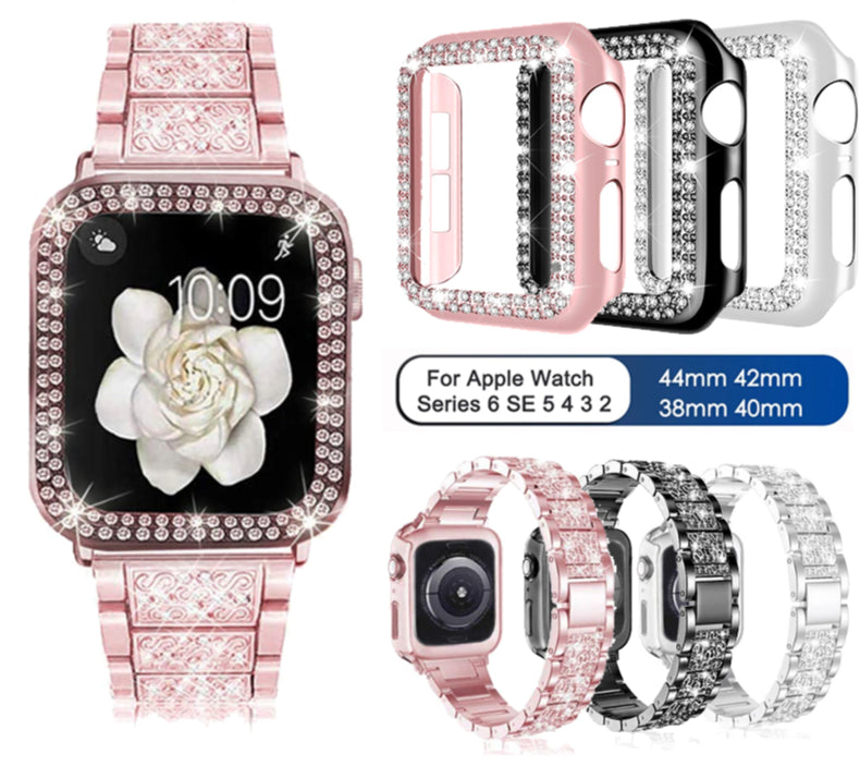 Luxury Lab created Diamond Steel Strap and Bling Protective Case for Apple Watch