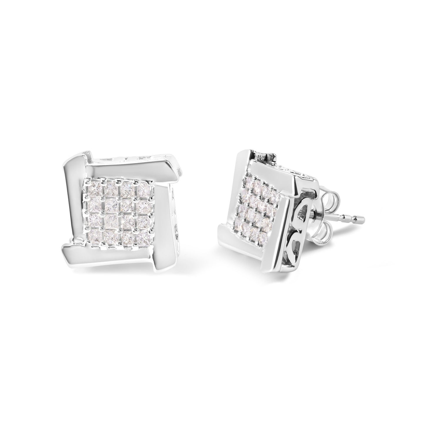 10K White Gold 1/2 Cttw Composite  Princess Diamond Square and Swirl Stud Earrings (I-J Color, I1-I2 Clarity) Bids.com