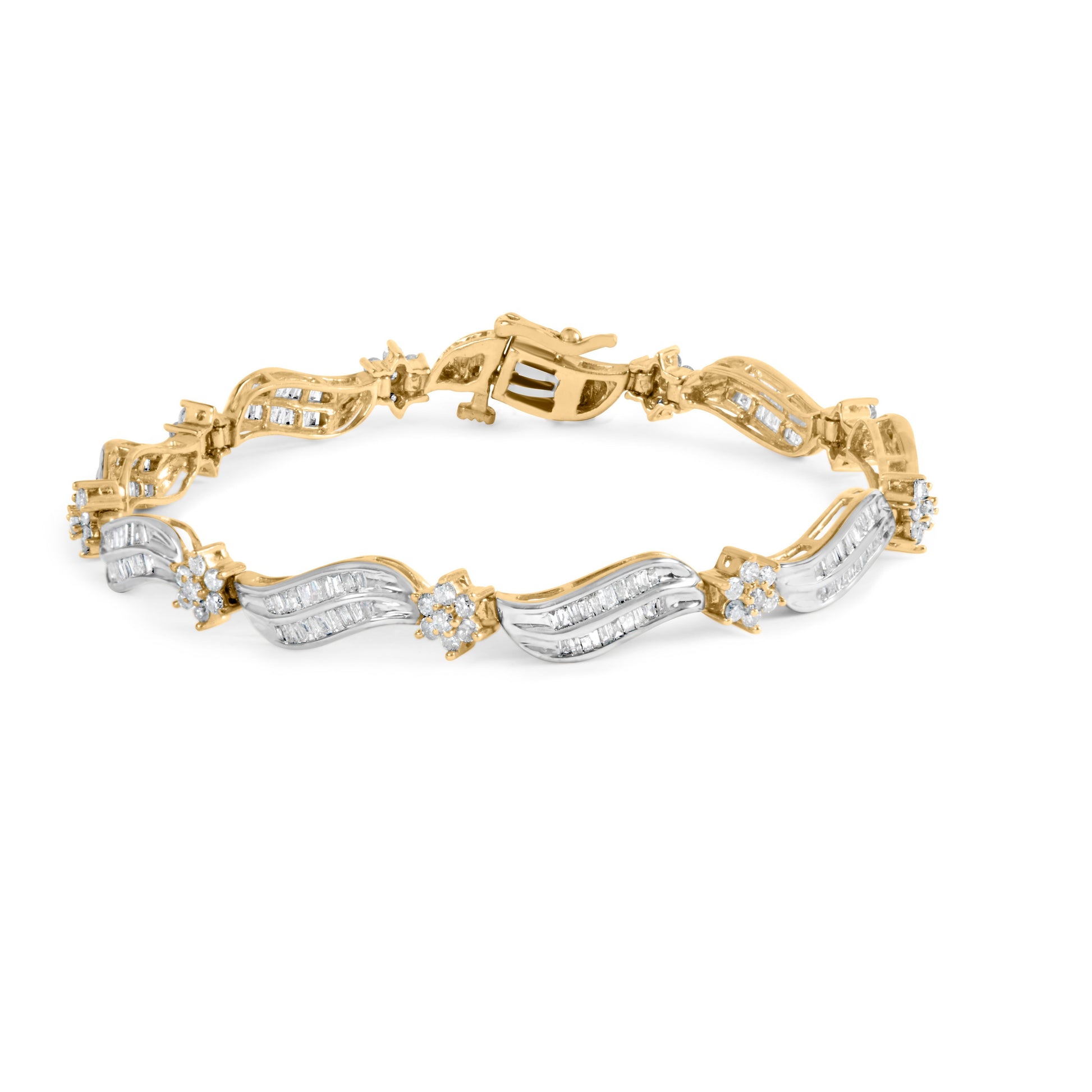 10K Yellow and White Gold 3.00 Cttw Diamond Cluster and Wave Link Bracelet (I-J Color, I1-I2 Clarity) - 7.25" Bids.com