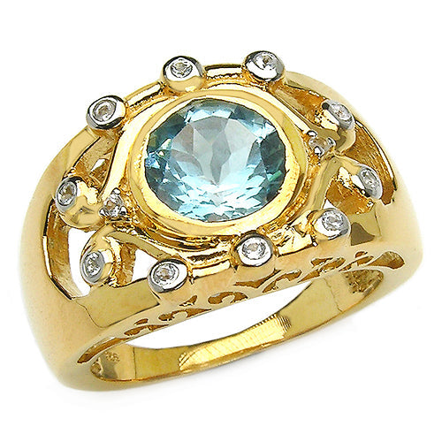 14K Yellow Gold Plated 3.42 Carat Genuine Blue Topaz & White Topaz .925 Sterling Silver Ring Bids.com