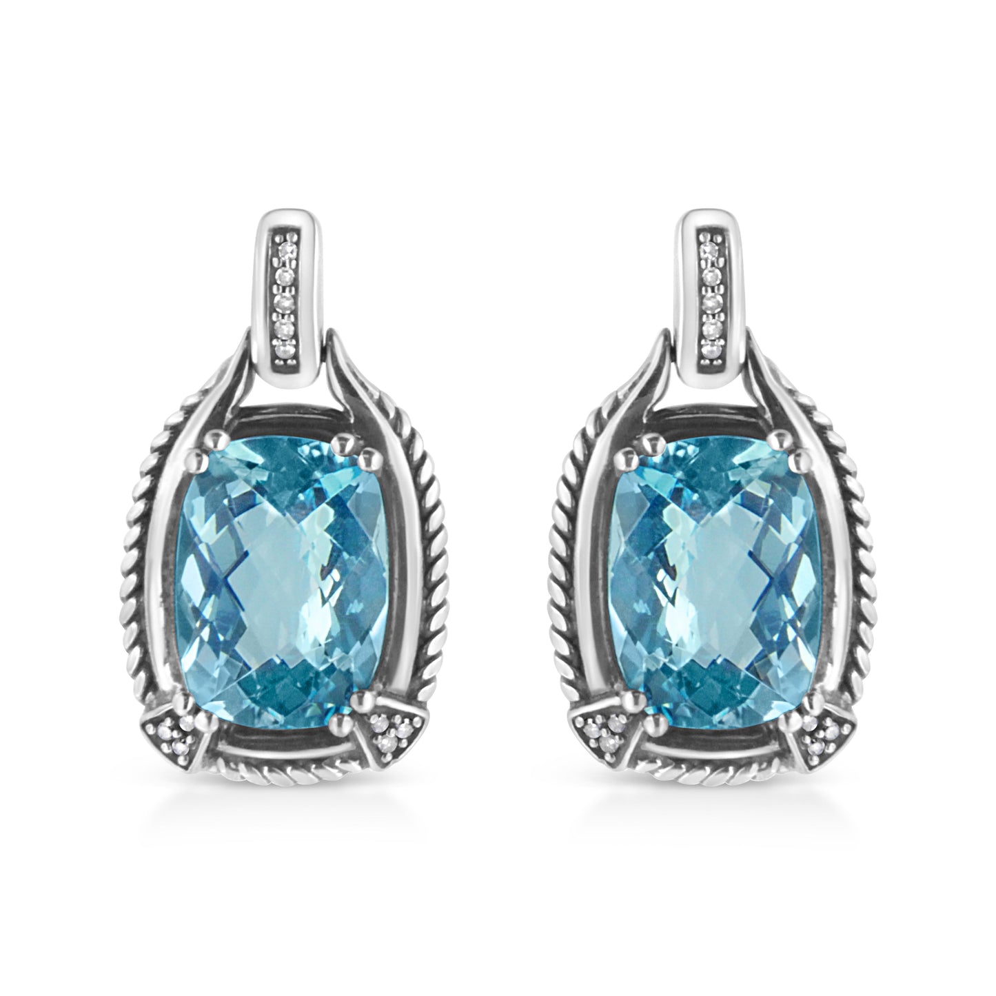 .925 Sterling Silver 14x10MM Cushion Cut Blue Topaz Gemstone and Diamond Accent Dangle Earring (I-J Color, I1-I2 Clarity) Bids.com