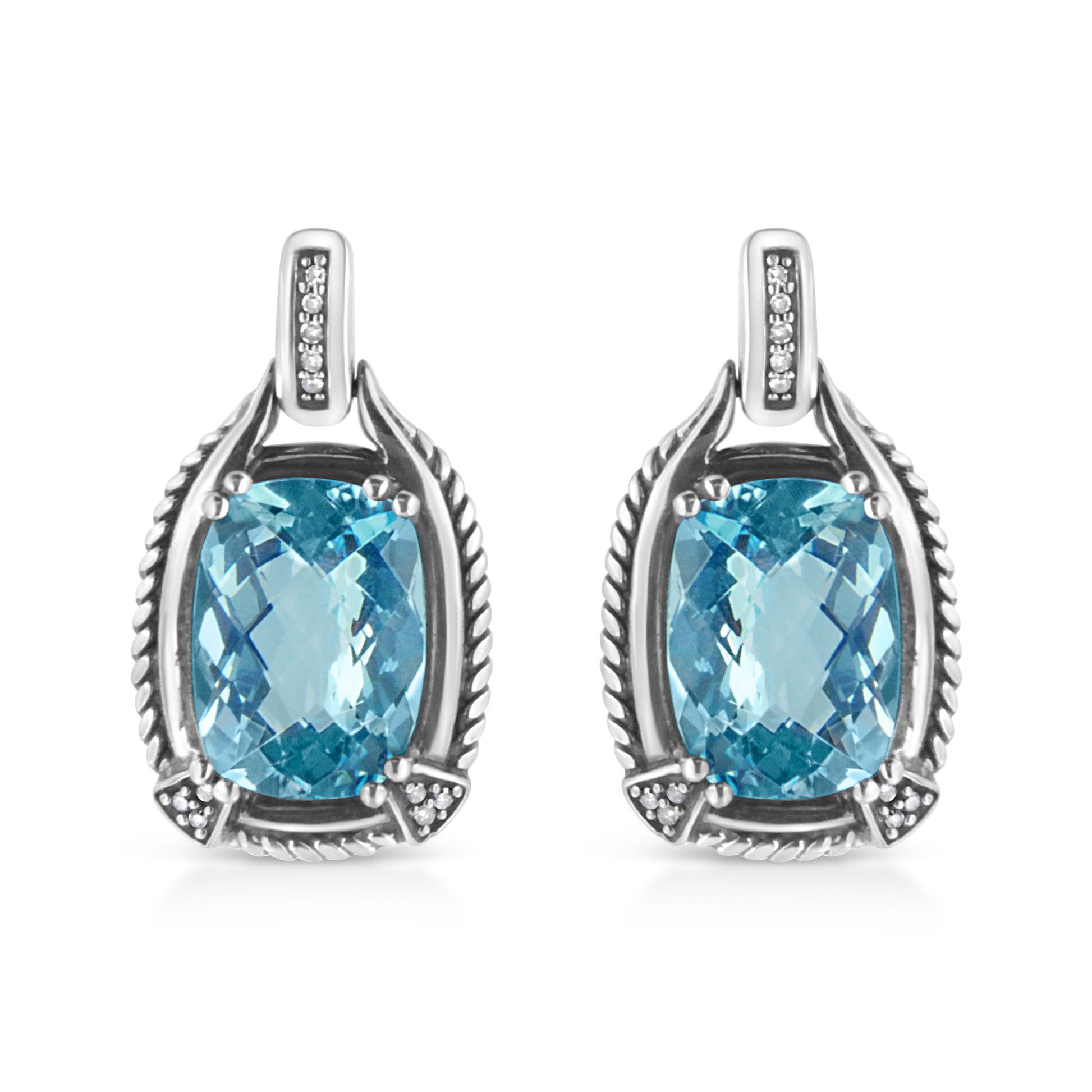 .925 Sterling Silver 14x10MM Cushion Cut Blue Topaz Gemstone and Diamond Accent Dangle Earring (I-J Color, I1-I2 Clarity) Bids.com