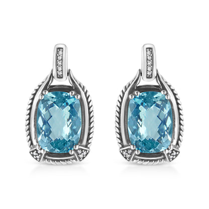 .925 Sterling Silver 14x10MM Cushion Cut Blue Topaz Gemstone and Diamond Accent Dangle Earring (I-J Color, I1-I2 Clarity) Bids.com